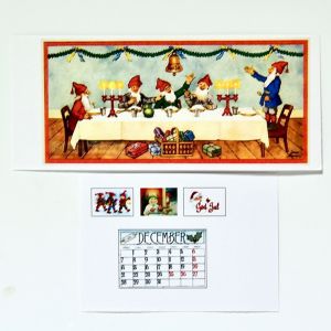 Joulukortteja, taulu ja kalenteri, paperia