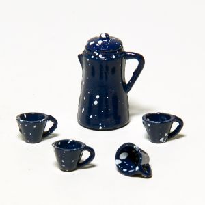 Kahvipannu ja 4 mukia, sinipilkullinen emali